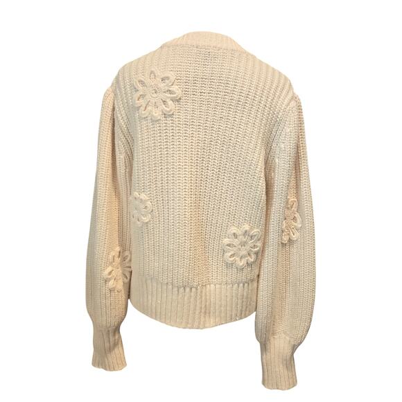 Rails Romy Cream Floral Daisy Applique Chunky Knit Cotton Puff Sleeve Sweater, M - Picture 5 of 11